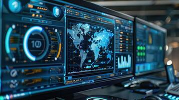 High-tech data analysis workstation displaying global maps and analytics in a modern office photo