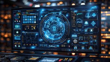 Futuristic control panel displaying intricate data visualizations and metrics in a high-tech environment photo