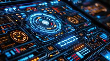 Futuristic digital control panel with glowing interfaces and intricate circuitry design photo