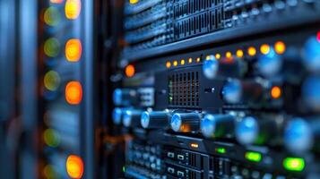 Close-up view of server rack with illuminated indicators and control knobs in a data center photo