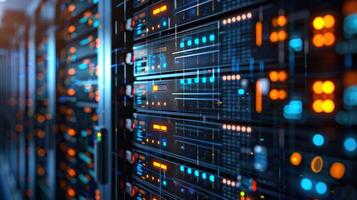 Close-up view of a modern data center with illuminated server racks and digital displays photo