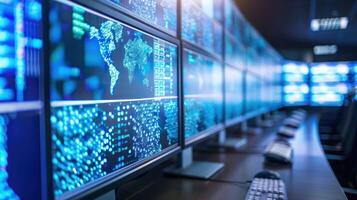 High-tech data monitoring room with multiple screens displaying global information and analytics photo