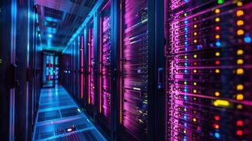 Colorful server room with illuminated racks showcasing technology in a modern data center photo