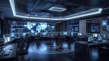 High-tech control room with large screens displaying world map, busy monitors, and futuristic design photo