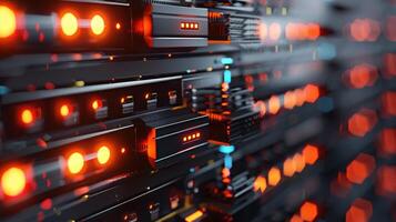 Close-up view of illuminated server racks in a data center with vibrant orange lights and technology photo