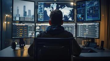 Individual monitoring multiple screens displaying global data and analytics in a dark control room photo
