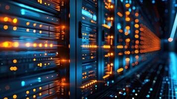Close-up view of illuminated server racks in a data center showcasing technology infrastructure photo