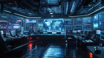 High-tech control room with global maps, data displays, and monitoring equipment in action photo