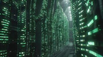 Futuristic digital landscape with glowing green data streams in a high-tech server room photo