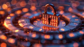 Digital lock surrounded by glowing binary code in a futuristic environment with data security themes photo
