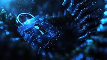 Digital padlock surrounded by binary code, symbolizing cybersecurity in a virtual environment photo