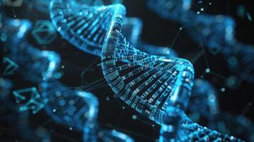 Abstract representation of DNA strands illuminated with digital data in a dark background photo