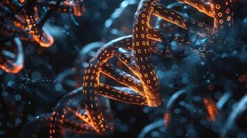 Abstract representation of DNA strands intertwined with binary code, glowing in a dark environment photo