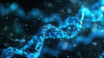 Abstract representation of a DNA strand illuminated by blue particles in a dark background photo
