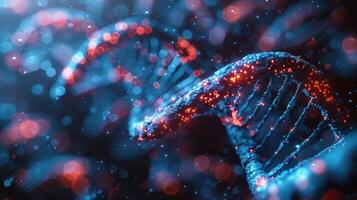 Abstract representation of DNA strands illuminated by colorful particles in a scientific background photo