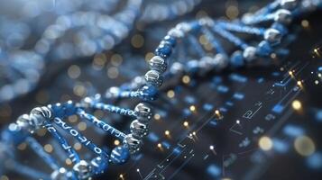 Close-up view of a DNA double helix model with digital elements and glowing lights in the background photo