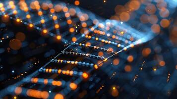 Abstract representation of DNA strands illuminated by vibrant lights, showcasing a futuristic design photo
