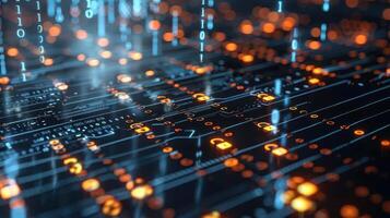 Abstract digital circuit board with glowing elements illustrating technology and data flow photo