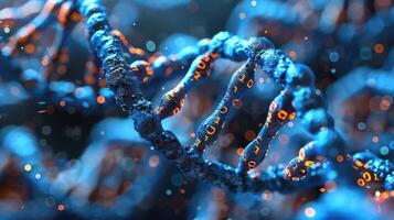 Close-up view of a vibrant DNA double helix with glowing elements, representing genetic data and research photo