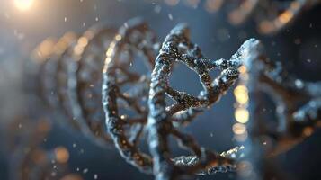 Close-up view of a DNA double helix structure with shimmering particles, representing genetic science photo