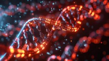 Abstract representation of DNA strands illuminated with vibrant colors against a dark background photo