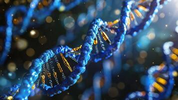 Close-up view of a DNA double helix model with glowing elements and a blurred background photo