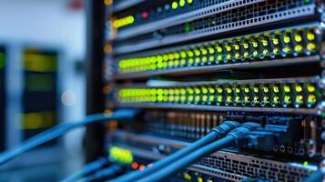 Close-up of server racks with illuminated indicators and network cables in a data center environment photo