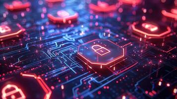 Abstract representation of cybersecurity with glowing padlocks on a digital circuit board photo