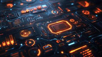 Futuristic digital circuit board with glowing elements showcasing advanced technology design photo