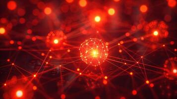 Abstract representation of interconnected nodes and spheres in a vibrant red digital network photo