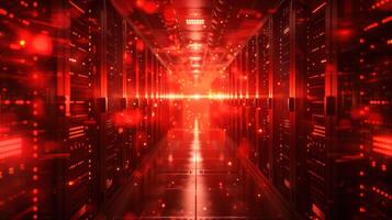 Futuristic data center corridor illuminated by red lights with glowing particles in the air photo