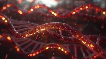 Abstract representation of DNA strands illuminated with glowing particles in a dark environment photo