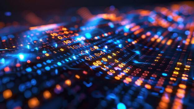 resumen digital paisaje con brillante binario código y vibrante colores representando datos fluir foto