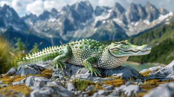 Realistic crocodile figurine resting on rocky terrain with mountains and a lake in the background photo