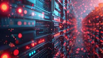 Abstract view of a data center with illuminated servers and vibrant bokeh effects in the background photo