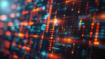 Abstract digital data visualization with glowing binary code and vibrant colors in a tech environment photo