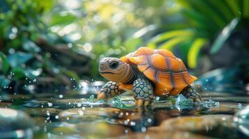 A vibrant turtle splashes water while exploring a lush, green environment with sunlight filtering through photo