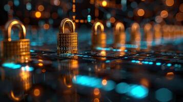 Digital locks on a circuit board symbolize cybersecurity and data protection in a tech environment photo