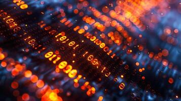 Abstract representation of binary code with glowing orange and blue lights in a digital environment photo