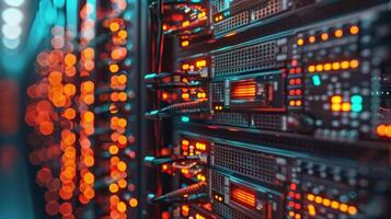 High-tech data center with illuminated server racks showcasing active network connections photo