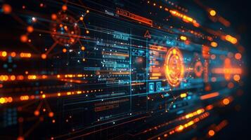 Futuristic digital interface with glowing elements and data flow, showcasing technology in action photo