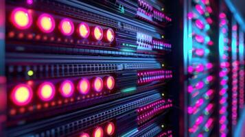 Close-up of illuminated data server racks showcasing vibrant lights and technology in action photo