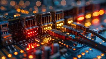 Close-up view of illuminated computer circuit board with connected cables and blinking lights photo