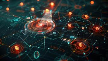 Futuristic digital network visualization showing interconnected data nodes and technology elements photo
