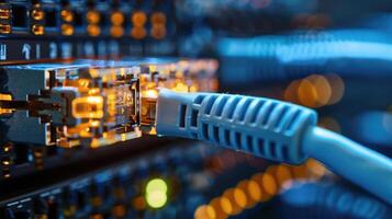 Close-up of a network cable connecting to a server with glowing lights in a data center photo