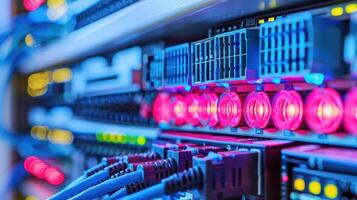Close-up of a server room with illuminated network cables and blinking lights, showcasing technology photo