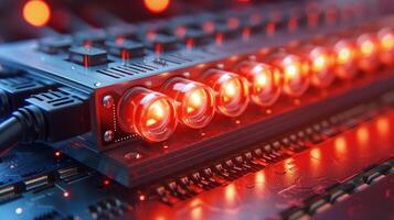 Close-up of illuminated electronic circuit board with glowing red lights and intricate design photo