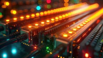 Close-up of illuminated circuit boards and cables showcasing technology in a vibrant setting photo