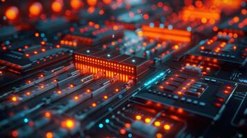 Close-up view of a vibrant circuit board with glowing components and intricate details photo