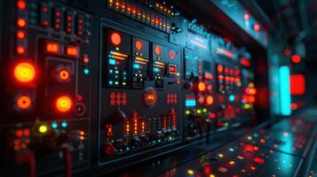 Futuristic control panel with glowing buttons and screens, showcasing advanced technology in a dark environment photo